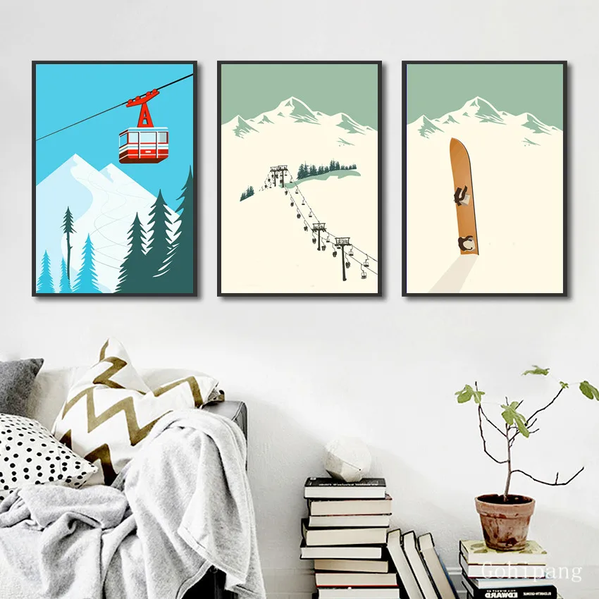 Nordic Decoration Home Vintage Winter Landscape Posters and Prints Painting Abstract Skiing Sports Canvas Art Wall Pictures | Дом и сад