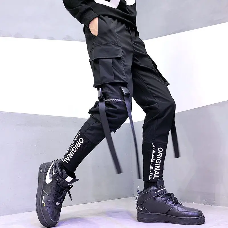 Hip Hop Men Ribbons Cargo Pants Fashion Harajuku New Elastic Waist Casual Streetwear Mens Joggers Trousers Black men jogger pants men jogger sweatpants