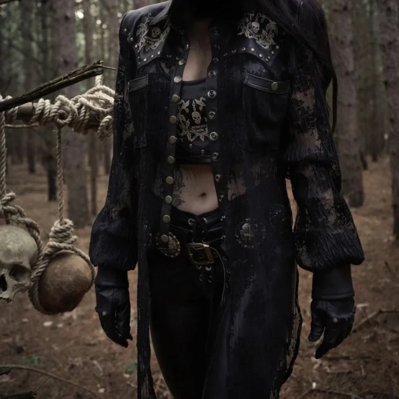 Greatest  InsGoth Women PU Leather Jacket Gothic SKull Embroidery Coat Leather Patchwork Hollow Out Lace Up G