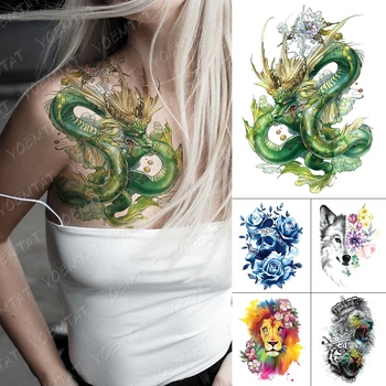 

Waterproof Temporary Tattoo Stickers Dragon Snake Cloud Peony Flower Green Flash Tattoos Woman Body Art Fake Sleeve Tatoo Men