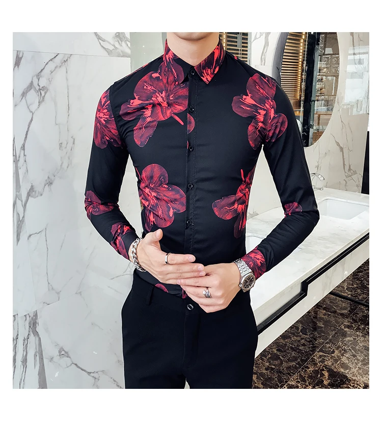 Camisa, мужская рубашка с длинным рукавом и цветочным принтом, городская одежда для мужчин, Клубные, вечерние, свадебные рубашки для мужчин