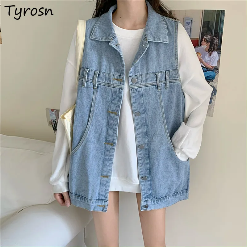 

Women Denim Vests Chic Retro Japan Style Design All-match Simple Baggy Coats Harajuku Turn-down Collar Students High Street Ins