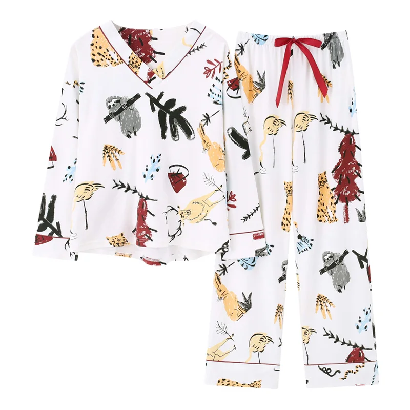 

New Korean Women Spring V Neck Chinese Pajamas Set Homesuit Homeclothes Sleepwear Pjs Women Sloth Printing Pj Set Casual Style