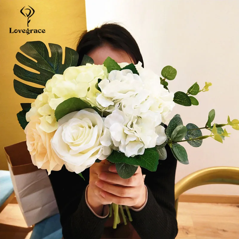 Lovegrace Свадебный букет невесты цветок роза для подружки невесты букет гортензии искусственный цветок тропические Пальмовые Листья Свадебные принадлежности