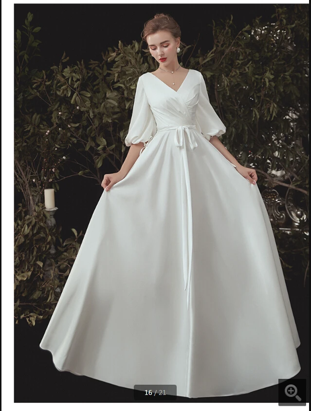 

2020 Vestido De Festa white satin a line half sleeve wedding dress open back sexy v neck with sashes bride gowns hot sale
