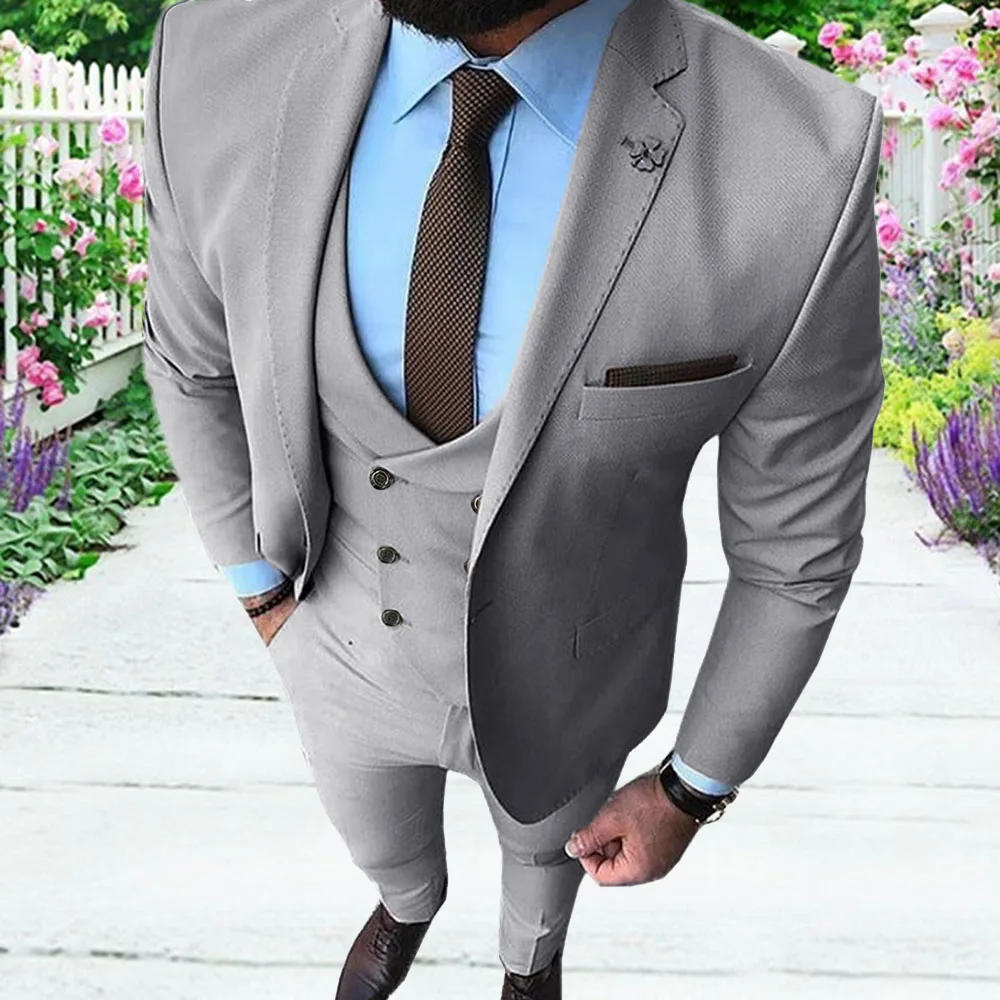 

New Fashion Men Suits Regular Fit 3 Piece Prom Tuxedos Solid Business Double Breasted Vest Wedding Grooms Suit 2020