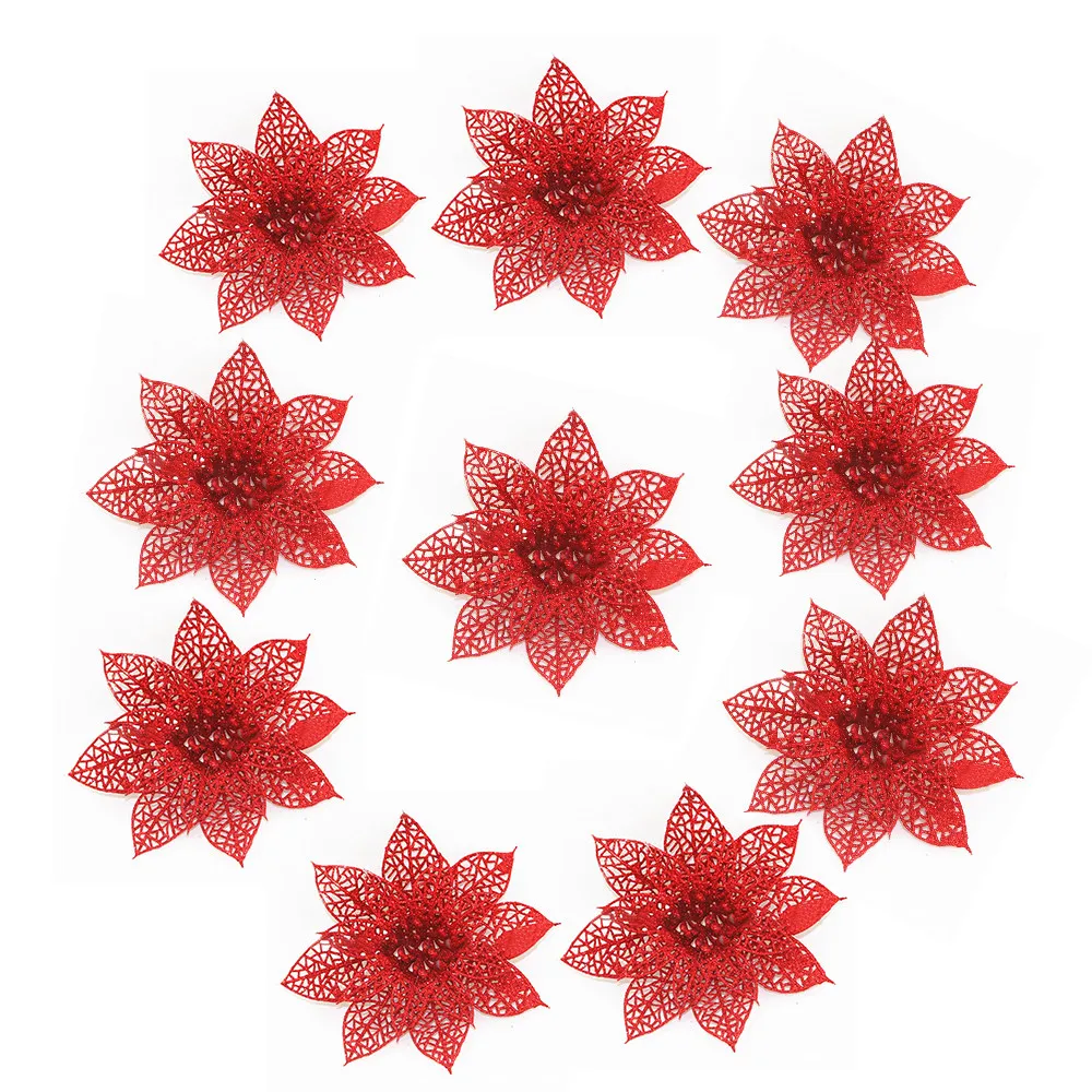 10 шт. блестящие искусственные цветы для украшения рождественской елки DIY рождественские украшения для дома, свадьбы, рождественские вечерние украшения - Цвет: Red