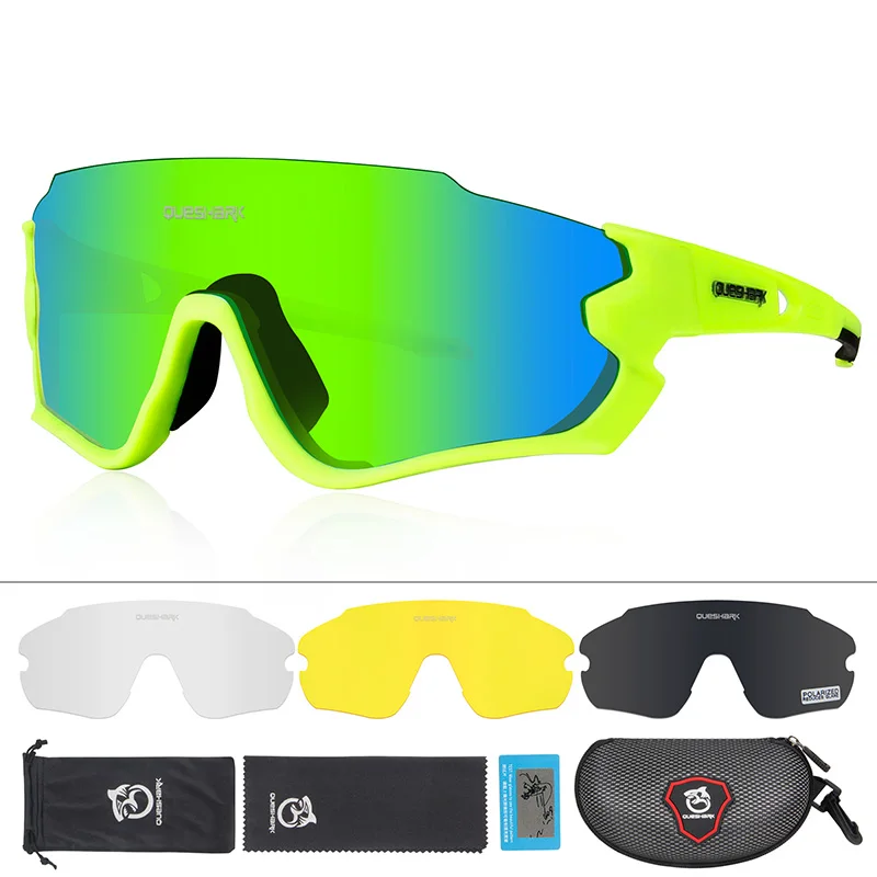 Fluo Green QUESHARK, новинка, QE45, очки для велоспорта, очки для мужчин и женщин, поляризованные очки для велоспорта, UV400, 4 линзы для горного велосипеда - Цвет: Fluo Green