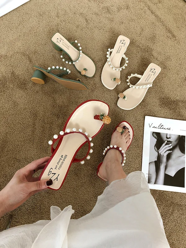 

Online Celebrity Slipper Outer Wear Fashion 2019 New Style Summer Versatile Pearl Pineapple Toe Covering Chunky-Heel GIRL'S Hear