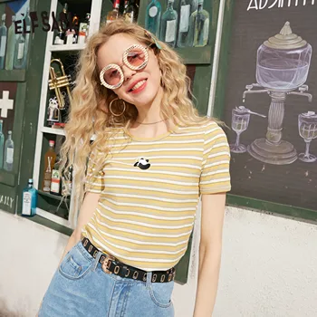 

ELFSACK Embroidered Panda Daisies Floral Women Striped T-Shirt,2020 Summer Fashion Short Top Tee,ELF Casual Daily Cute Clothing