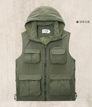 

HOHO 2020 Spring Men Thin Multi-pockets Casual Hooded Waistcoat Stand Collar Zipper Cotton Cloth Vest