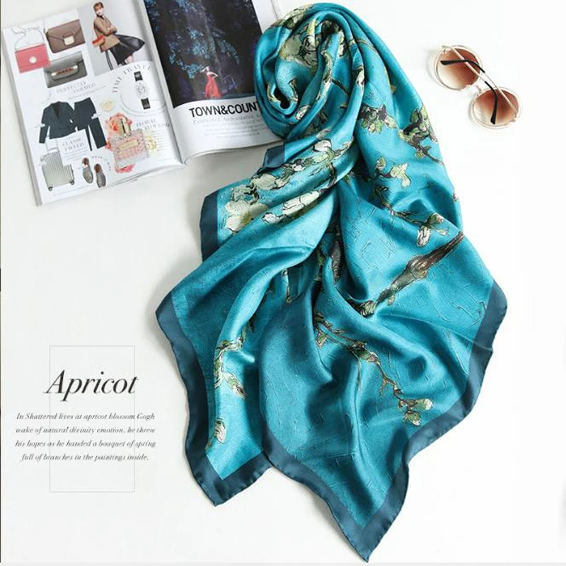 

2020 New Women 100% Pure Silk Scarf Designer Van Gogh Oil Painting Tree Silk Shawls Pashmina Ladies Wraps Scarves Foulard Hot