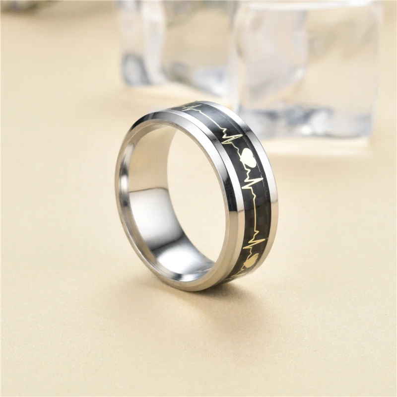 Titanium steel black ECG ring stainless steel ring Promise heartbeat ring jewelry, male female