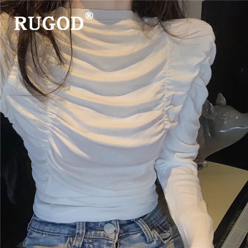 RUGOD Новая Осенняя однотонная женская футболка с о-образным вырезом, плиссированная, с длинным рукавом, тонкая сексуальная рубашка, модные женские Элегантные корейские Топы