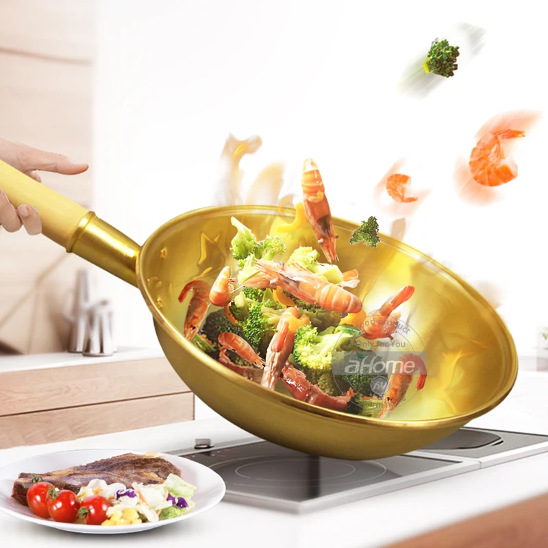Fypo 100% Pure Copper Wok Pan Copper Pot Thickened Wooden Handle Frying Pan Brass Frying Pan Cookware Cooking Wok Copper Cooker - Image 5