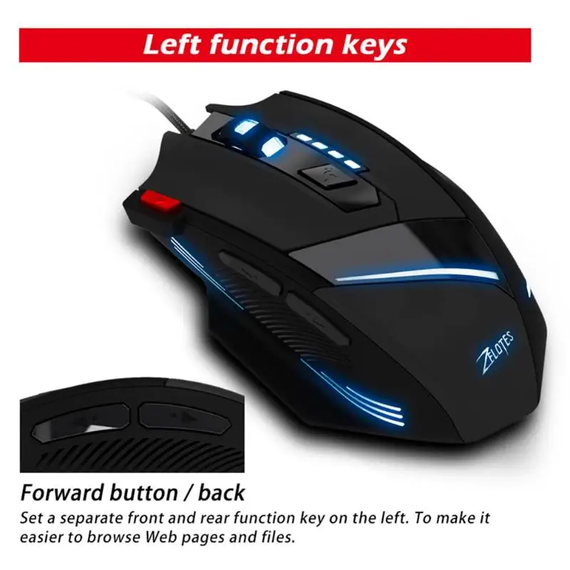 ZELOTES T-60 USB Проводная мышь 6 передач 7200 dpi регулируемые игровые оптические мыши 7 программируемых кнопок Игровые мыши для настольного ноутбука