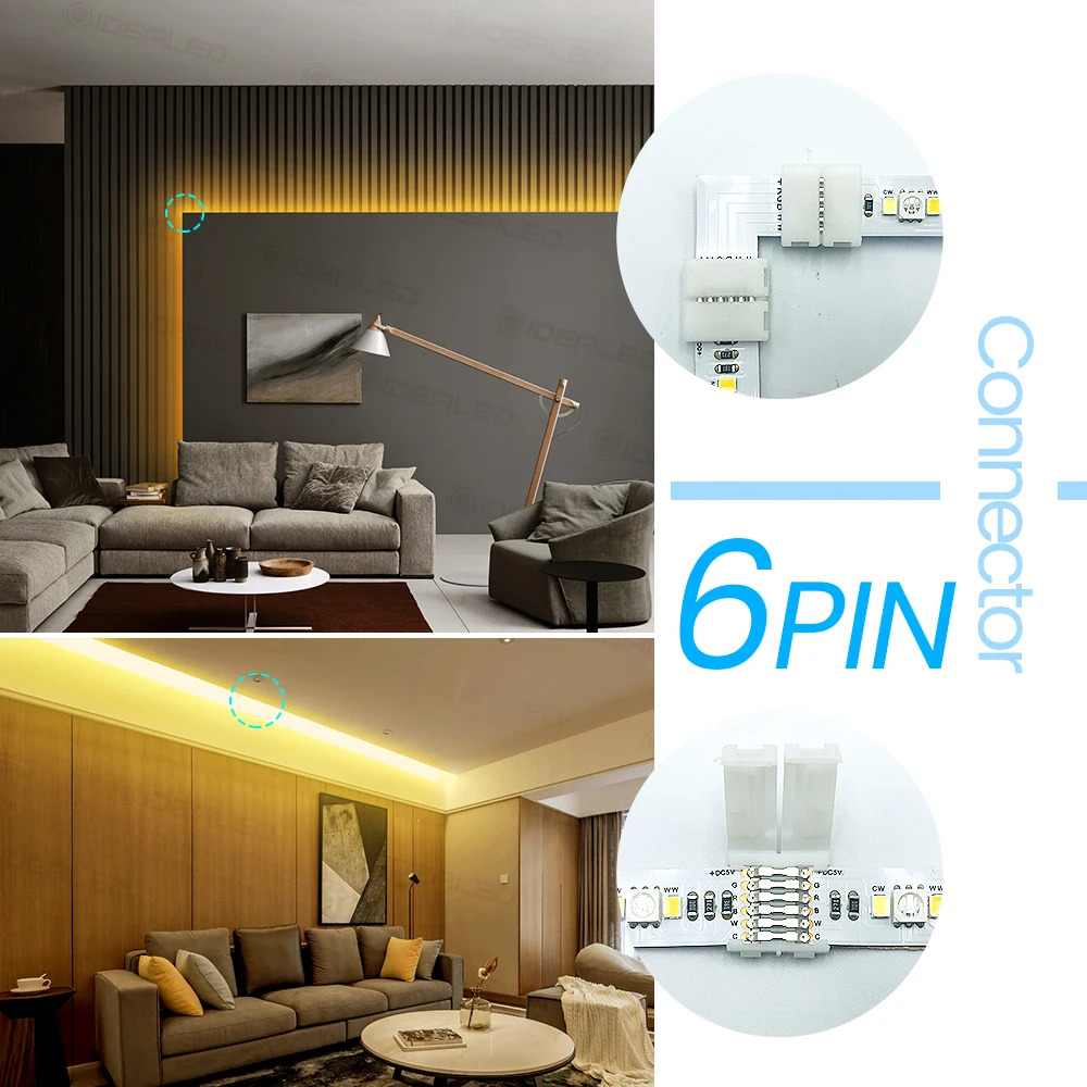 L Shape 6 pin 6pcs 12mm LED Connector set For connecting corner right angle 5050 SMD RGB RGBW 3528 2812 LED Strip