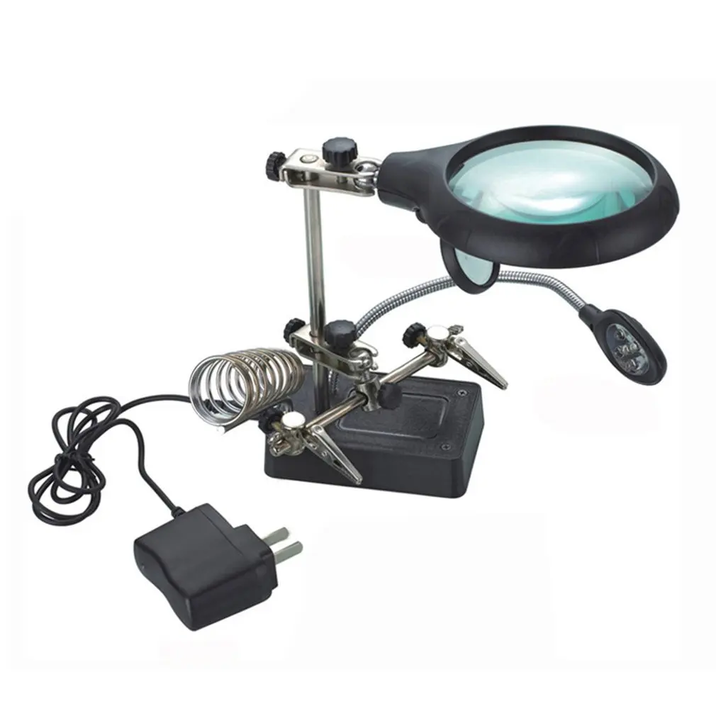 

Desktop Magnifiers Multifunctional Clip Magnifying Tool With LED Light Electric Iron Auxiliary Stand Magnifying Glass EU/US Plug