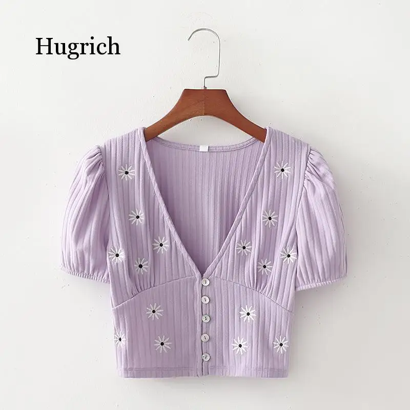 

2021 Hot Sell Little Daisy Embroidery Short Sleeve T-Shirt Female Ins Style Women's Summer Sexy Purple Top