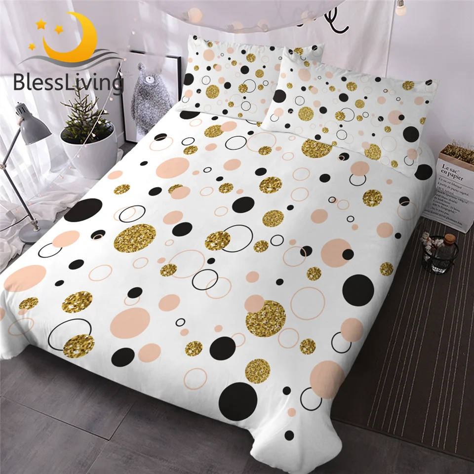 

BlessLiving Stylish Duvet Cover Sets Golden Geometric Bedding Set Queen Size Glitter Dots Quilt Covers Modern Bedspread Dropship