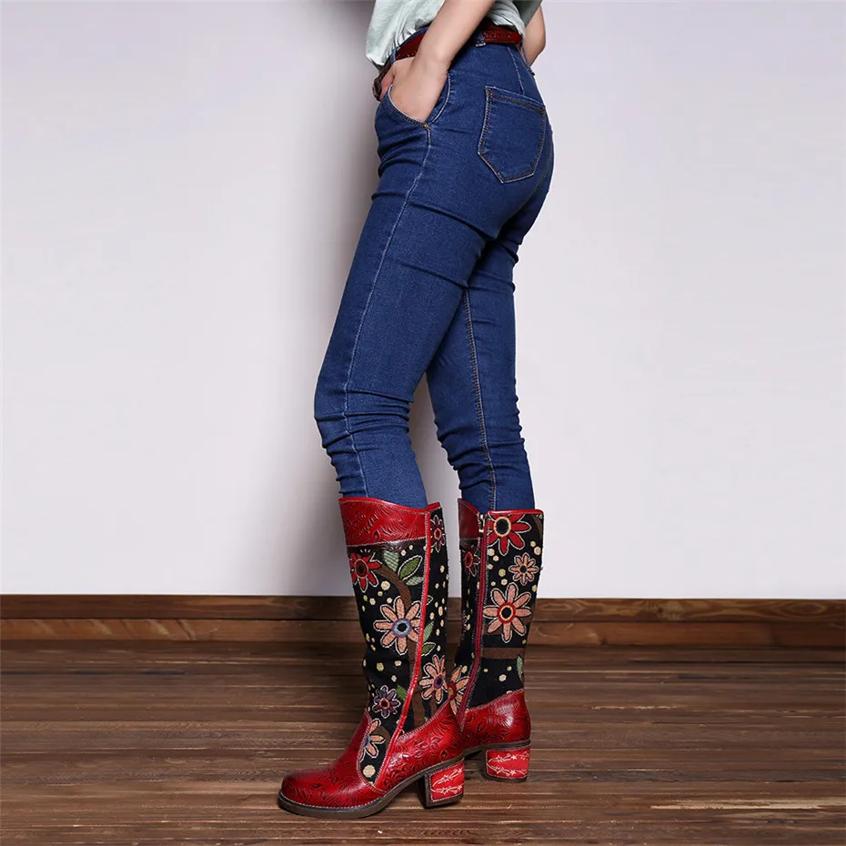 Fashion Patchwork Western Cowboy Boots Women Shoes Bohemian Genuine Leather Shoes Woman Vintage Side Zip Knee High Riding Boots (1)