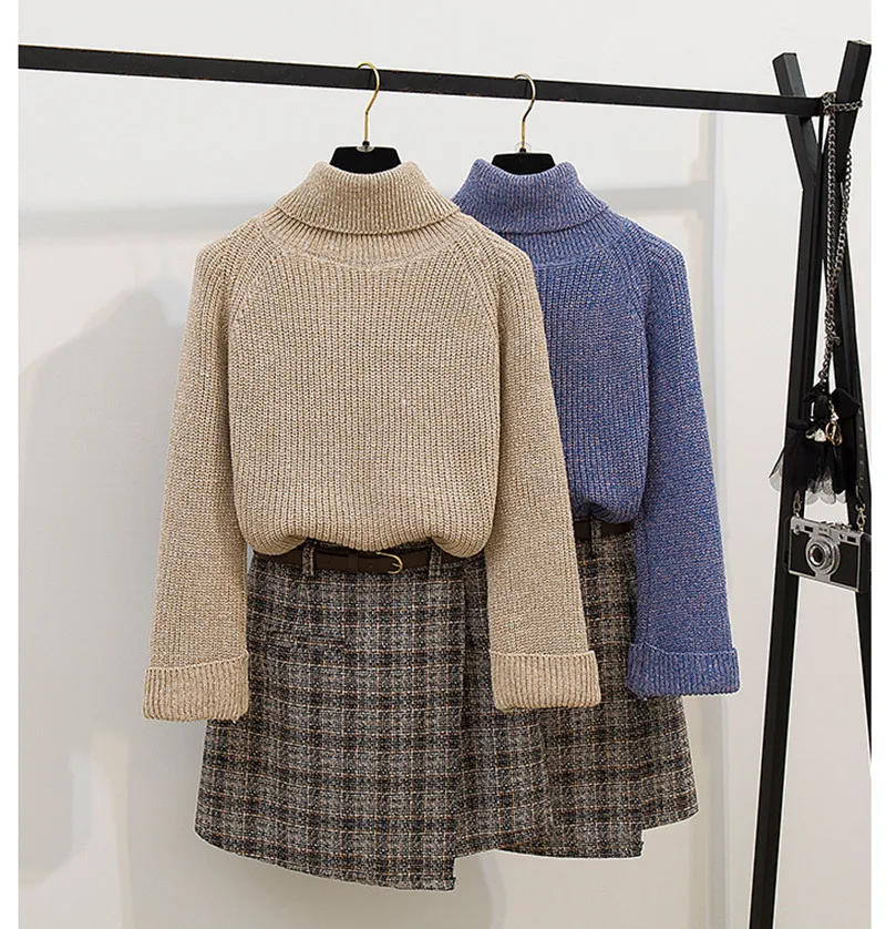

2019 Autumn Fashion Week Women Sweet Two-piece Suite Women Grace High collar wool Pullover+Irregular Tweed Short Dress Suit