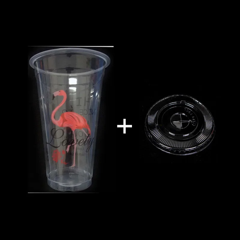 500pcs High quality flamingo cup 500ml transparent disposable coffee milk tea juice cold drink plastic cups with cover wholesale