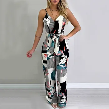 

New Trendy Women Clothes Summer Bodycon Party Backless Flower Print Jumpsuit Sleeveless Polyester V-neck Large Size 5XL Romper