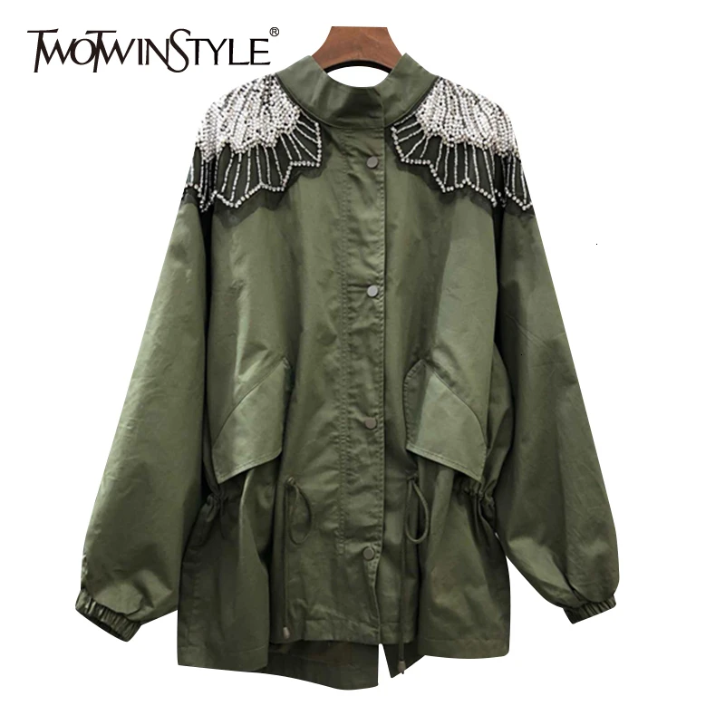 

TWOTWINSTYLE Patchwork Beading Women's Coat Batwing Sleeve Stand Collar Pocket Drawstring Female Coats 2019 Autumn Fashion New
