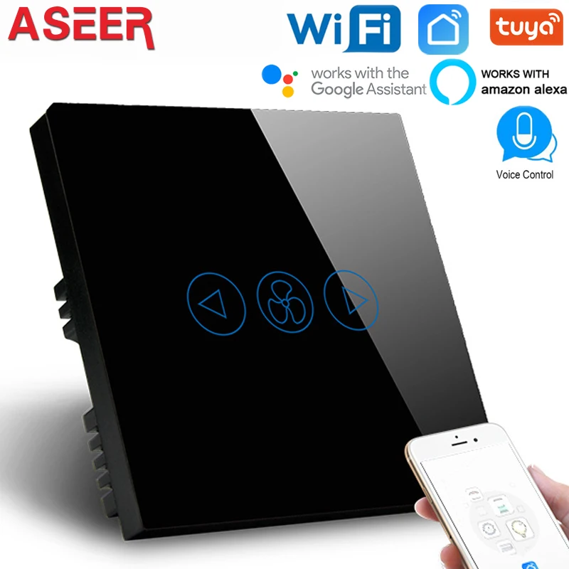 ASEER, Великобритания wifi переключатель вентилятора белое закаленное стекло панель водонепроницаемый переключатель wifi, 3 режима скорости, работает с alexa, google assistant настенный Wi-Fi адаптер - Цвет: Black Fan Switch