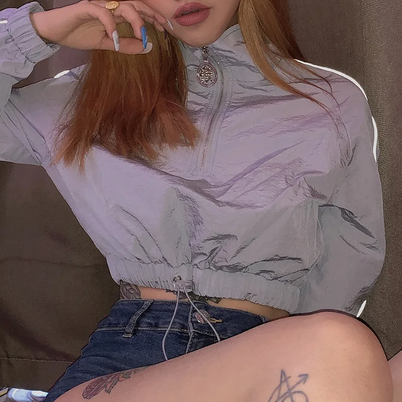 

Autumn Fall Bomber Jacket Long Sleeve Semi- Open Shirt Reflective Stripes Stitching Zipper Glow In The Dark Glitter WT1734704