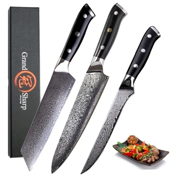 

Grandsharp 3 Pcs Damascus Knife Set 67 Layers vg10 Japanese Damascus Steel Chef Boning Kiritsuke Kitchen Knives G10 Handle Gift
