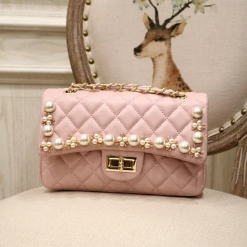 

Crystal Diamond Pearl Studded Women Fashion Handbag PU Leather Plaid Pattern Elegant Clutch Purse Crossbody Lady Shoulder Bag