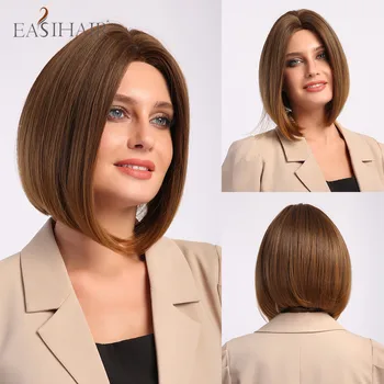 

EASIHAIR Hairline Part Lace Wigs Short Brown Bobo Synthetic Wigs Middle Part Heat Resistant Fiber Natural Hair Wigs for Women