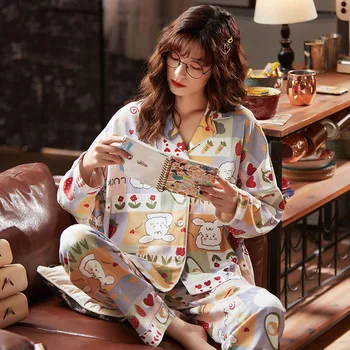 

Pajamas Set Plus Size Cotton Shirt&pant Women Long Sleeve 2PCS Sleepwear Home Wear Cute Print Cartoon Pijamas Suit Sleep Set