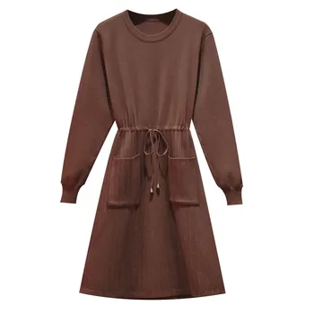 

Winter Sweater Dress 2020 Simply Chic Round Neck Long Sleeve Sweater Dress Drawstring Waist A Line Mini Knitted Dress Clothing