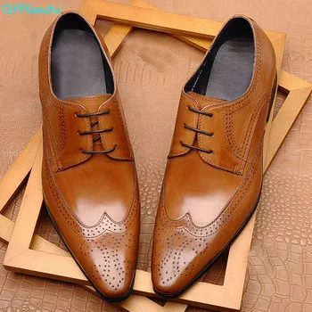 

QYFCIOUFU 2019 High Quality Mens Formal Shoes Genuine Cow Leather Oxford Brogue Shoes Men Black Wine Red Dress Wedding Shoes