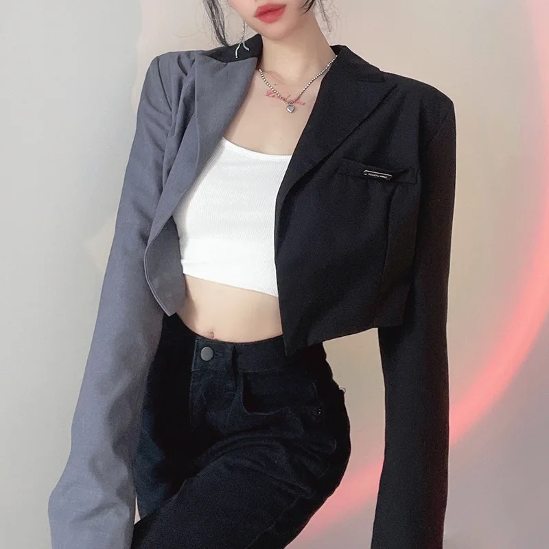 

Jacket Women 2022 Spring Autumn New Patchwork Long Sleeve Short Suit Coat Loose Notched Collar Female Open Stitch Outerwear