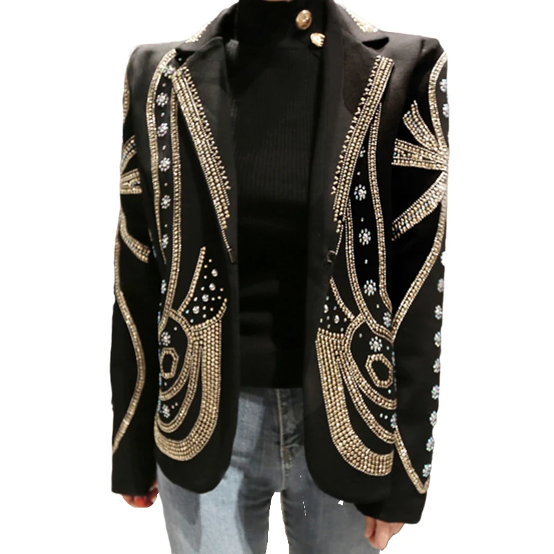 Женский блейзер на пуговицах элегантный пиджак с длинным рукавом и бисером