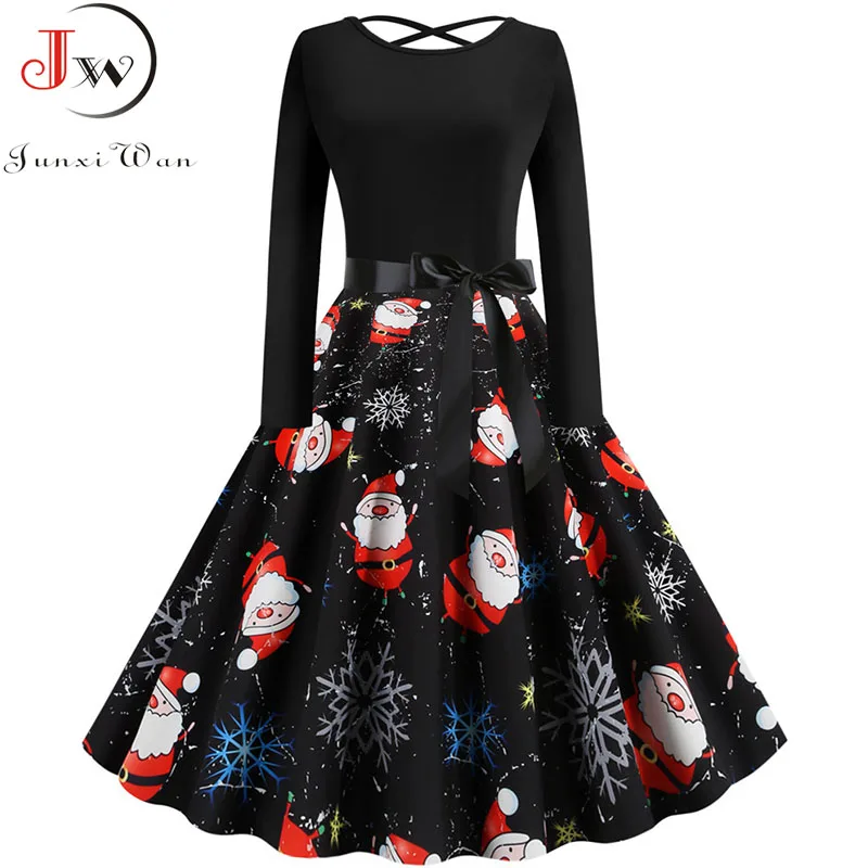 Зимнее рождественское платье с принтом, женское осеннее винтажное платье с длинным рукавом, элегантное вечернее платье, Повседневное платье размера плюс, черное, красное, Vestidos - Цвет: WQ1383-006