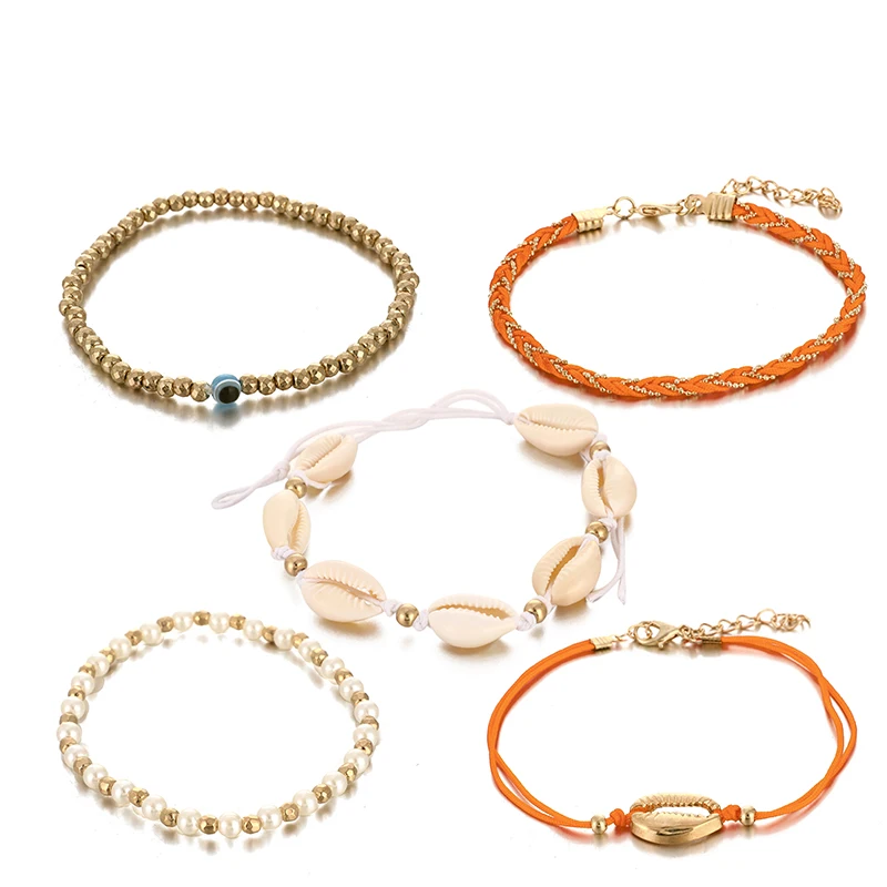 docona Boho White Shell Beaded Anklet Set for Women Handmade Braid Rope Eye Multilayer Anklets Foot Jewelry 5pcs/1set 8798