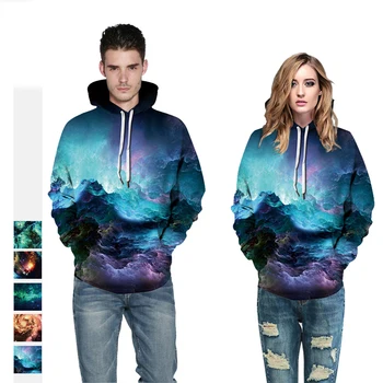 

New Fashion Starry sky Digital Printing Sweatshirt Lovers Wear Loose Casual Fitness Sports Hooded Track 2019