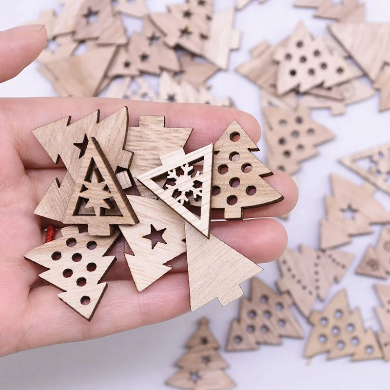 50pcs Wooden 2020 Christmas Decorations Mini Christmas Tree Snowflakes Deer Santa Claus Xmas Party Decoration For Home New Year