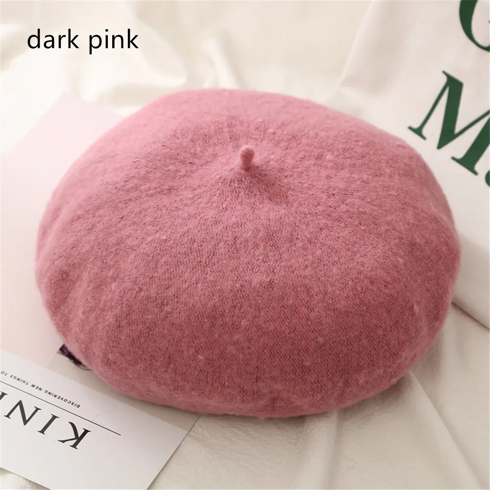 dark pink 1 шт. шерстяной берет, шапки для женщин, французская шапка для девушек, чистый цвет, Осень-зима, берет, плоская кепка, шапка, фетровые береты, зимняя шапка для рыбалки - Цвет: dark pink
