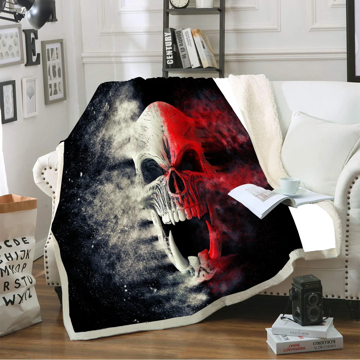 

Red and white skull blanket 3D Printed thick wool blankets for beds suitable for lunch break travel and household goods