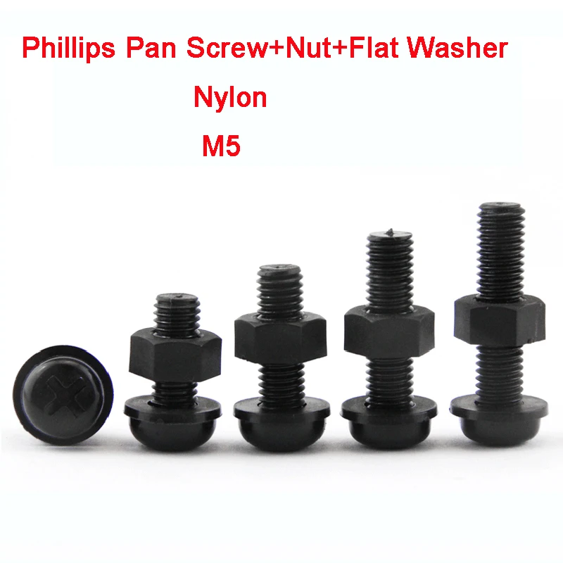 

5/10/20Pcs Nylon Round Head Screws Black Nylon Phillips Pan Screw+Nut+Flat Washer Kit Set M5 Length 8mm10mm12mm15mm20mm25mm30mm