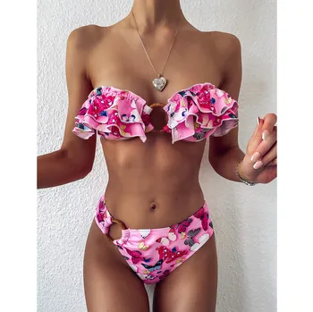 

2020 Ruffled Frilled Mid Waist Bikini Bandeau Swimsuit Women Swimwear Two-pieces Bikini set Butterfly Print Bather Bathing Suit