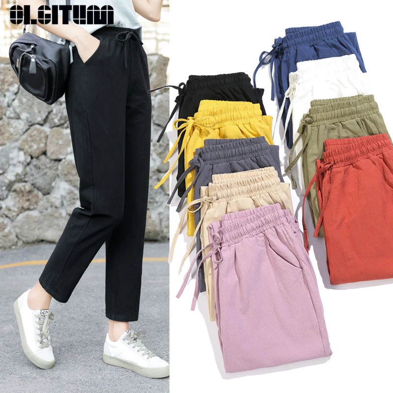 Women Spring Summer Pants 2020 New Cotton Linen Casual Loose High Elastic Waist Solid 9 Colors Trousers Female Harem Pants Women Spring Summer Pants 2020 New Cotton Linen Casual Loose High Elastic Waist Solid 9 Colors Trousers Female Harem Pants