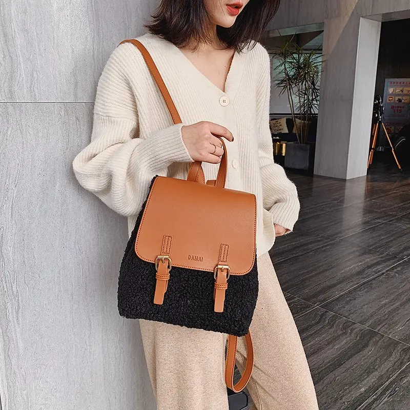 

2020 Luxury Designer Soft Lambswool Women Backpack Classic Panelled Shoulder Bag Autumn And Winter School Bags For Teenager Girl