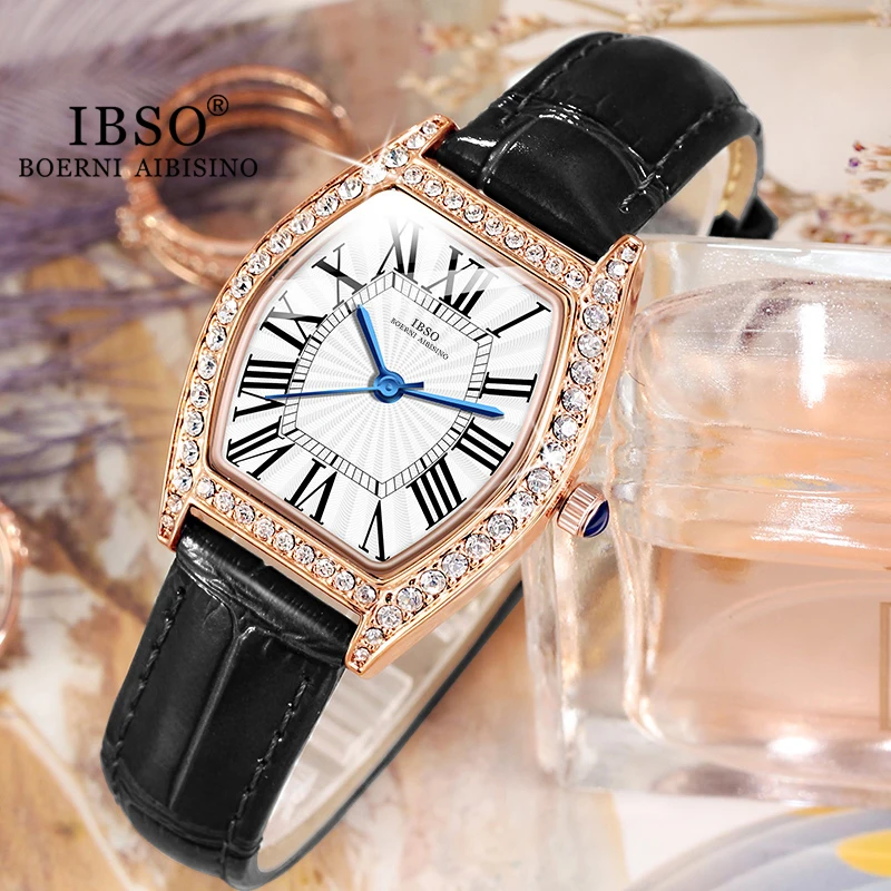 

Женские кварцевые часы IBSO, роскошный циферблат, стразы, чехол, ремешок из натуральной кожи, новые женские часы, блестящие Подарки для женщин